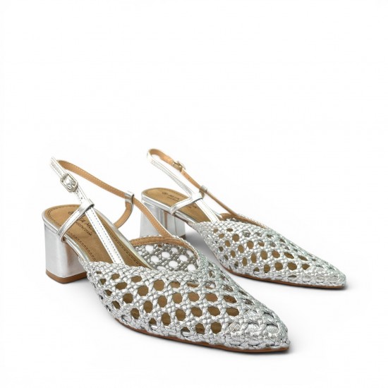 Γυναικείες Πλεκτές Slingback Γόβες με Χοντρό Τακούνι-Ασημί
