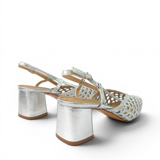 Γυναικείες Πλεκτές Slingback Γόβες με Χοντρό Τακούνι-Ασημί