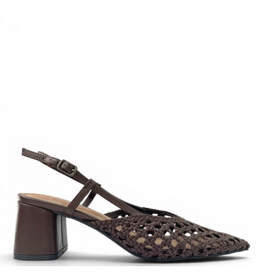 Γυναικείες Πλεκτές Slingback Γόβες με Χοντρό Τακούνι-Καφέ