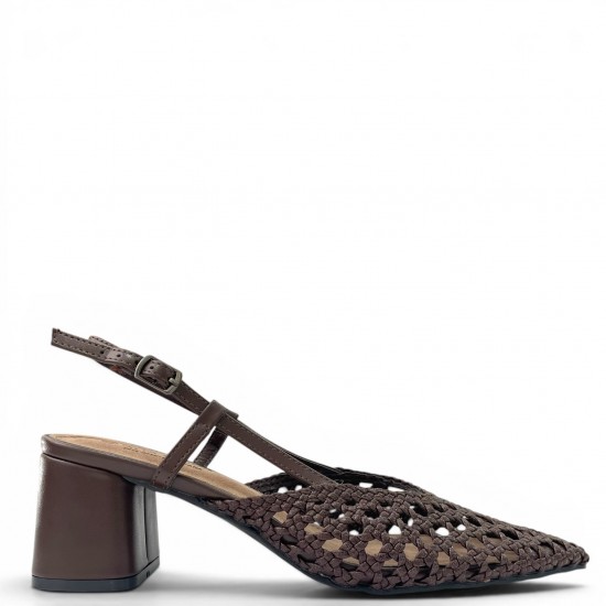 Γυναικείες Πλεκτές Slingback Γόβες με Χοντρό Τακούνι-Καφέ