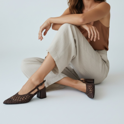 Γυναικείες Πλεκτές Slingback Γόβες με Χοντρό Τακούνι-Καφέ