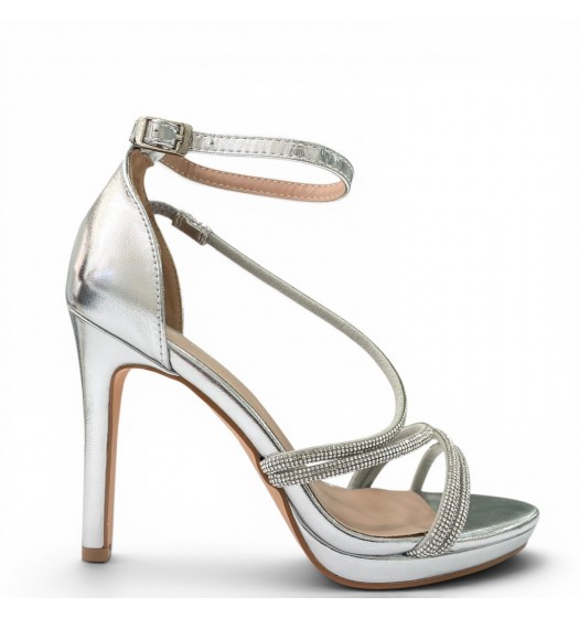 Γυναικεία Πέδιλα με Στρας & Λεπτά Λουράκια - Ασημί