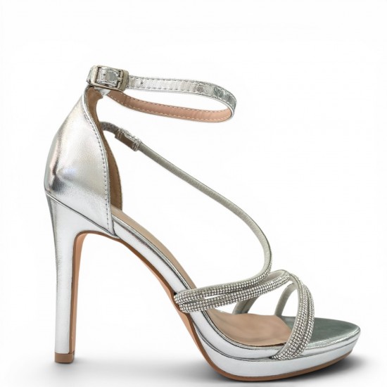 Γυναικεία Πέδιλα με Στρας & Λεπτά Λουράκια - Ασημί
