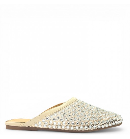 Γυναικεία Flat Mules με Δίχτυ και Στρας - Μπεζ