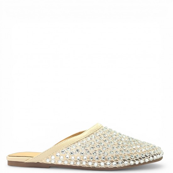 Γυναικεία Flat Mules με Δίχτυ και Στρας - Μπεζ