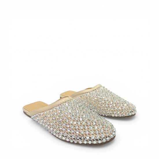 Γυναικεία Flat Mules με Δίχτυ και Στρας - Μπεζ