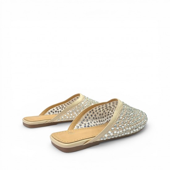 Γυναικεία Flat Mules με Δίχτυ και Στρας - Μπεζ