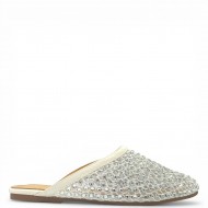 Γυναικεία Flat Mules με Δίχτυ και Στρας - Λευκό