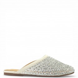 Γυναικεία Flat Mules με Δίχτυ και Στρας - Λευκό