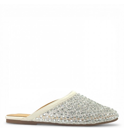 Γυναικεία Flat Mules με Δίχτυ και Στρας - Λευκό