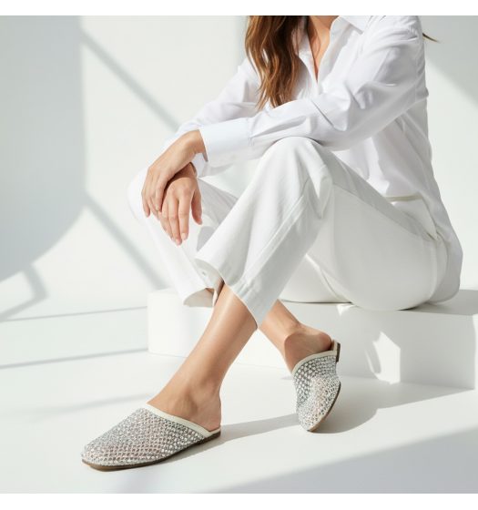 Γυναικεία Flat Mules με Δίχτυ και Στρας - Λευκό
