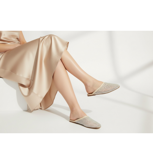 Γυναικεία Flat Mules με Δίχτυ και Στρας - Μπεζ