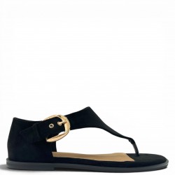 Γυναικεία Flat Σανδάλια Suede με Χρυσή Αγκράφα-Μαύρο