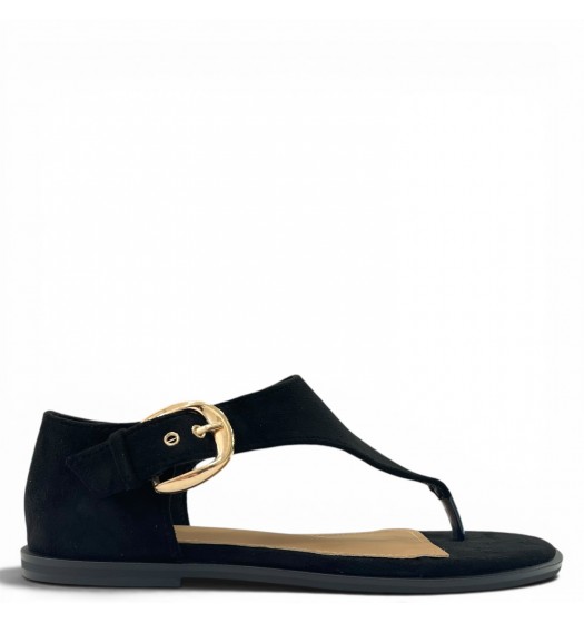 Γυναικεία Flat Σανδάλια Suede με Χρυσή Αγκράφα-Μαύρο