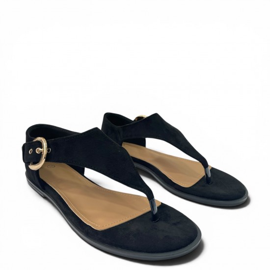 Γυναικεία Flat Σανδάλια Suede με Χρυσή Αγκράφα-Μαύρο