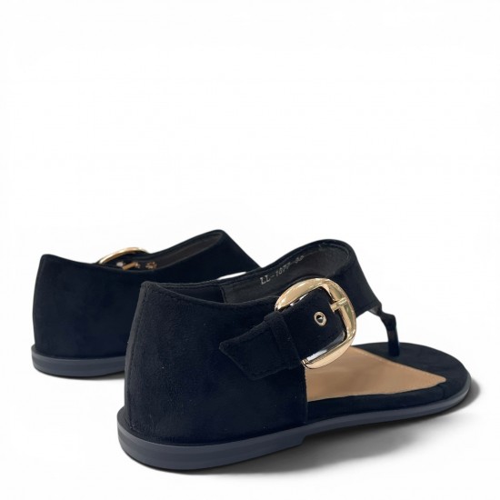 Γυναικεία Flat Σανδάλια Suede με Χρυσή Αγκράφα-Μαύρο