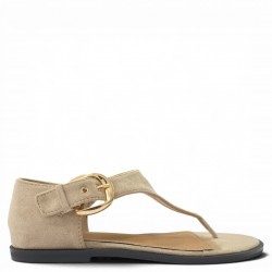 Γυναικεία Flat Σανδάλια Suede με Χρυσή Αγκράφα-Μπέζ
