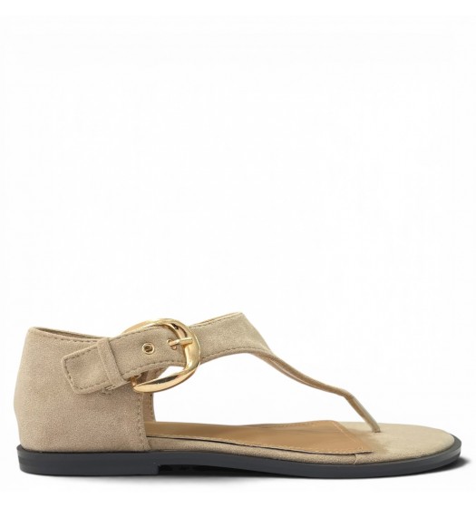 Γυναικεία Flat Σανδάλια Suede με Χρυσή Αγκράφα-Μπέζ