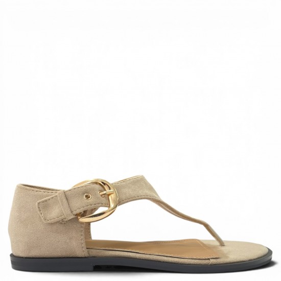 Γυναικεία Flat Σανδάλια Suede με Χρυσή Αγκράφα-Μπέζ