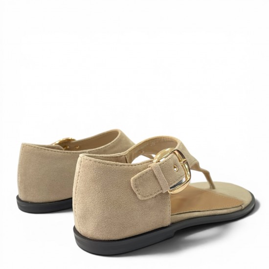 Γυναικεία Flat Σανδάλια Suede με Χρυσή Αγκράφα-Μπέζ