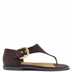 Γυναικεία Flat Σανδάλια Suede με Χρυσή Αγκράφα-Καφέ