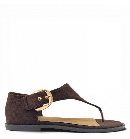Γυναικεία Flat Σανδάλια Suede με Χρυσή Αγκράφα-Καφέ