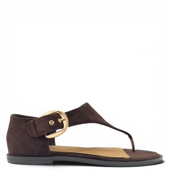 Γυναικεία Flat Σανδάλια Suede με Χρυσή Αγκράφα-Καφέ