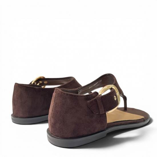 Γυναικεία Flat Σανδάλια Suede με Χρυσή Αγκράφα-Καφέ