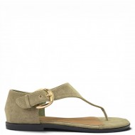 Γυναικεία Flat Σανδάλια Suede με Χρυσή Αγκράφα-Λαδί