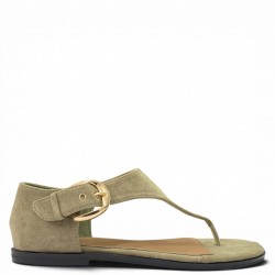 Γυναικεία Flat Σανδάλια Suede με Χρυσή Αγκράφα-Λαδί
