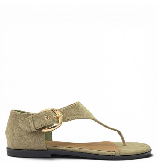 Γυναικεία Flat Σανδάλια Suede με Χρυσή Αγκράφα-Λαδί