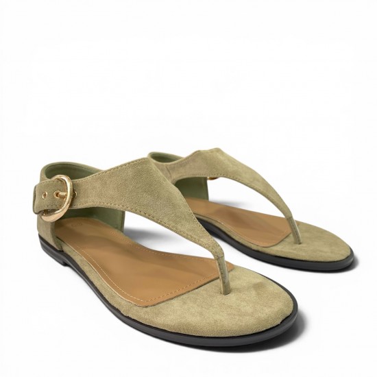 Γυναικεία Flat Σανδάλια Suede με Χρυσή Αγκράφα-Λαδί