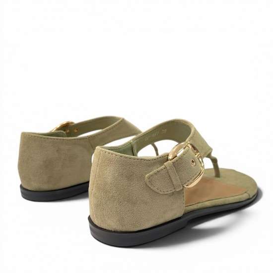Γυναικεία Flat Σανδάλια Suede με Χρυσή Αγκράφα-Λαδί
