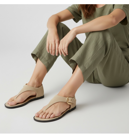 Γυναικεία Flat Σανδάλια Suede με Χρυσή Αγκράφα-Μπέζ