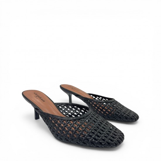 Πλεκτά Γυναικεία Mules με Μεσαίο Τακούνι - Μαύρο