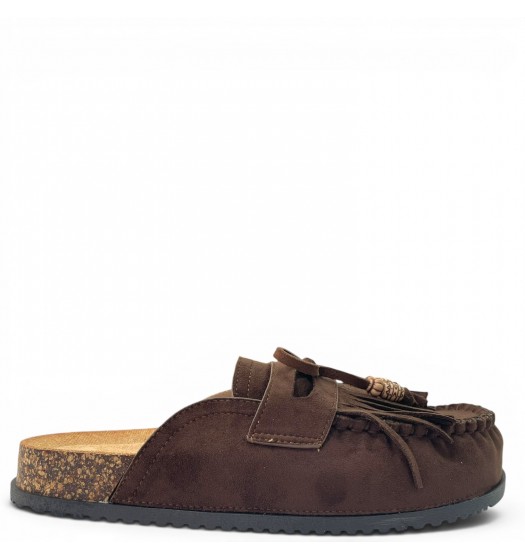 Boho Suede Mules με Φούντες & Ανατομικό Πάτο Cork-Καφέ