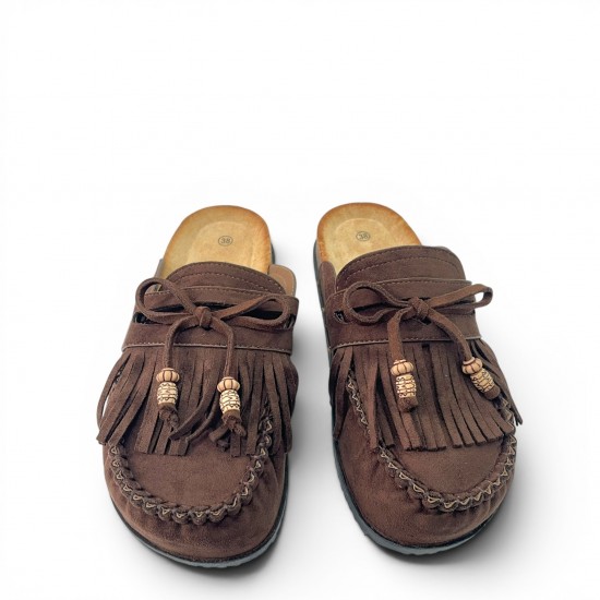 Boho Suede Mules με Φούντες & Ανατομικό Πάτο Cork-Καφέ