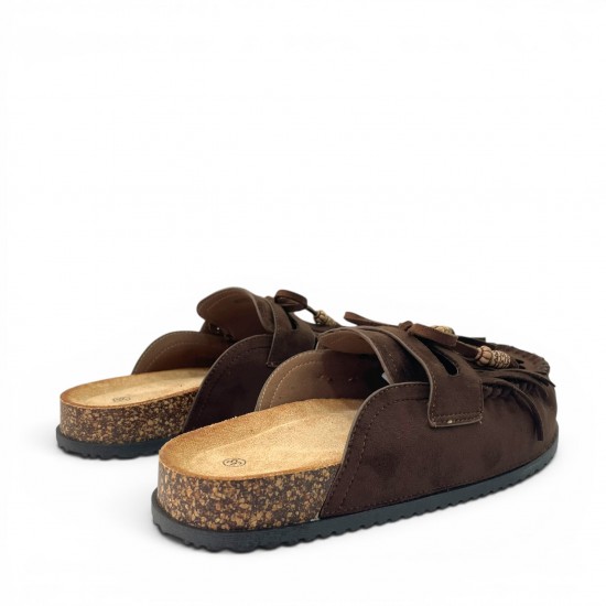 Boho Suede Mules με Φούντες & Ανατομικό Πάτο Cork-Καφέ