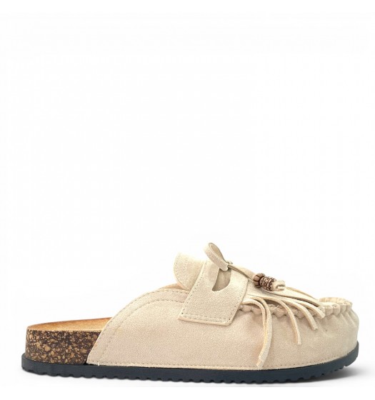 Boho Suede Mules με Φούντες & Ανατομικό Πάτο Cork-Μπέζ