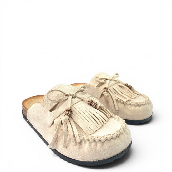 Boho Suede Mules με Φούντες & Ανατομικό Πάτο Cork-Μπέζ