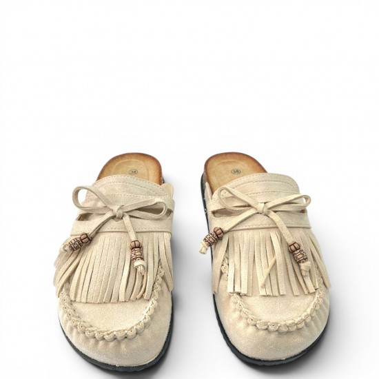 Boho Suede Mules με Φούντες & Ανατομικό Πάτο Cork-Μπέζ