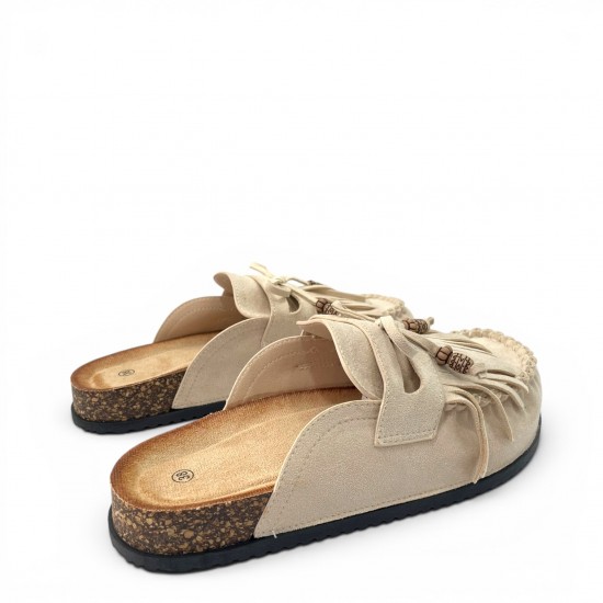 Boho Suede Mules με Φούντες & Ανατομικό Πάτο Cork-Μπέζ