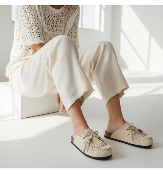Boho Suede Mules με Φούντες & Ανατομικό Πάτο Cork-Μπέζ