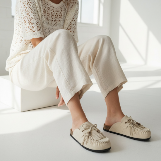 Boho Suede Mules με Φούντες & Ανατομικό Πάτο Cork-Μπέζ