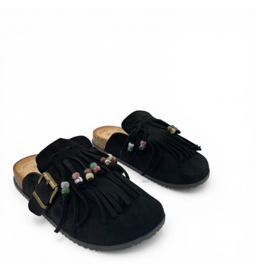Boho Παντόφλες Suede με Κρόσσια - Μαύρο