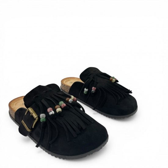 Boho Παντόφλες Suede με Κρόσσια - Μαύρο