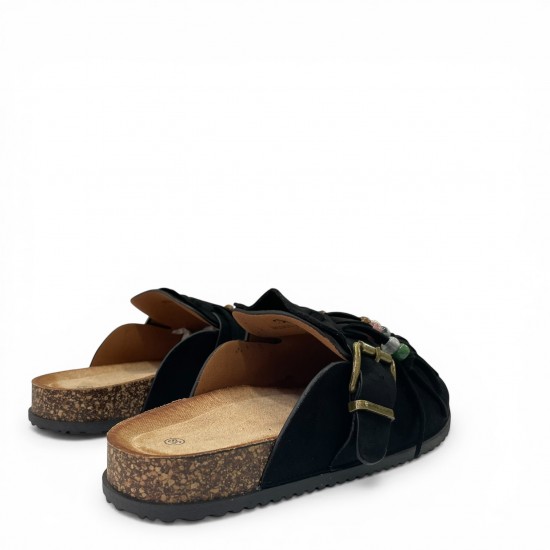 Boho Παντόφλες Suede με Κρόσσια - Μαύρο
