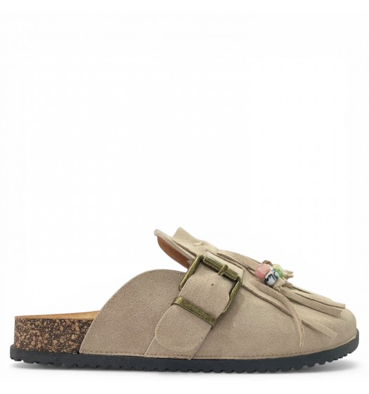 Boho Παντόφλες Suede με Κρόσσια - Μπέζ