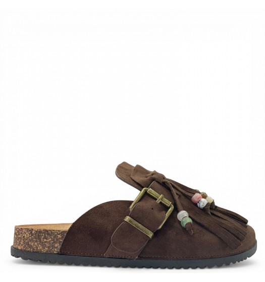 Boho Παντόφλες Suede με Κρόσσια - Καφέ