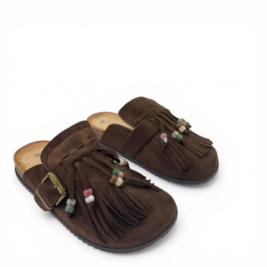 Boho Παντόφλες Suede με Κρόσσια - Καφέ